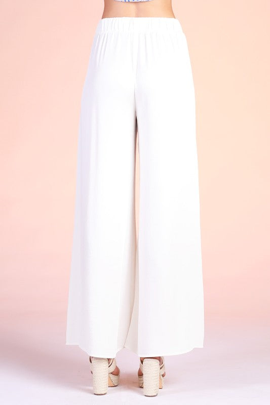Washed Poly Silk Tie Waist Wide Leg Pants