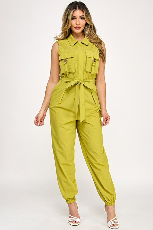Sleeveless Pocket Detail Zip Fly Jogger Jumpsuit