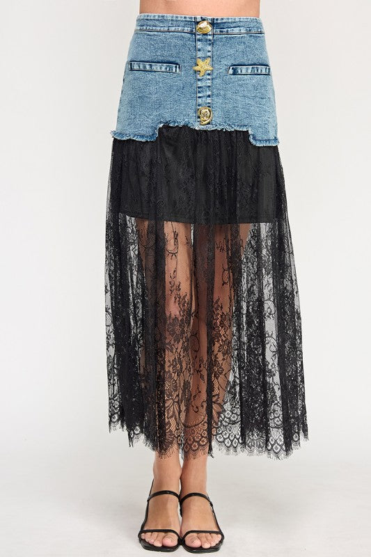 Lace N Denim Color Block Long Skirt