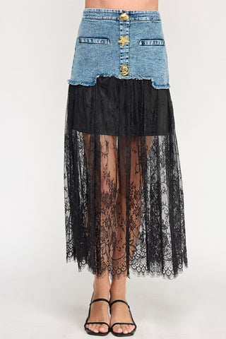 Lace N Denim Color Block Long Skirt