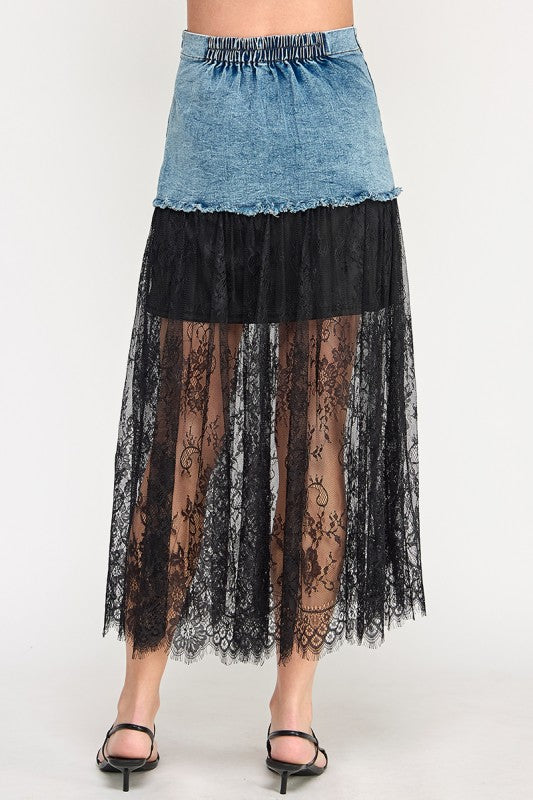 Lace N Denim Color Block Long Skirt