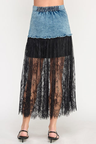 Lace N Denim Color Block Long Skirt