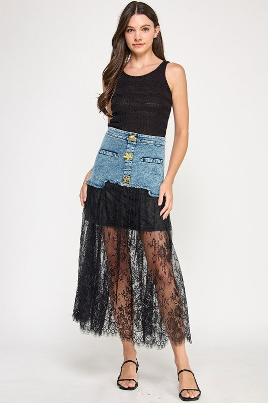 Lace N Denim Color Block Long Skirt