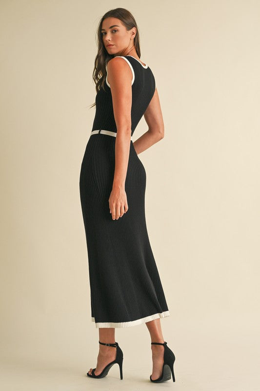 Sleeveless Contrast Sweater Knitted Midi Dress