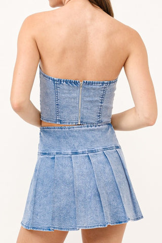 Denim Corset Top And Pleated Mini Skirt Set