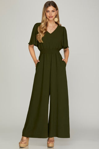 Flounce Sleeve Waist Smock Wide Leg Woven Jumpsuit