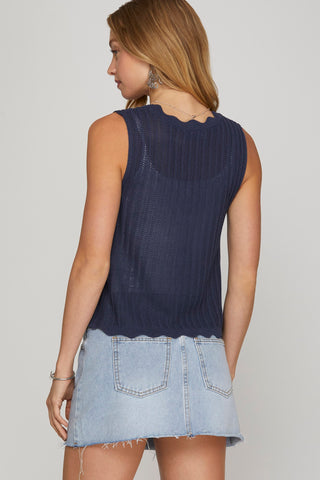 SLEEVELESS SCALLOP FRONT TIE SWEATER VEST