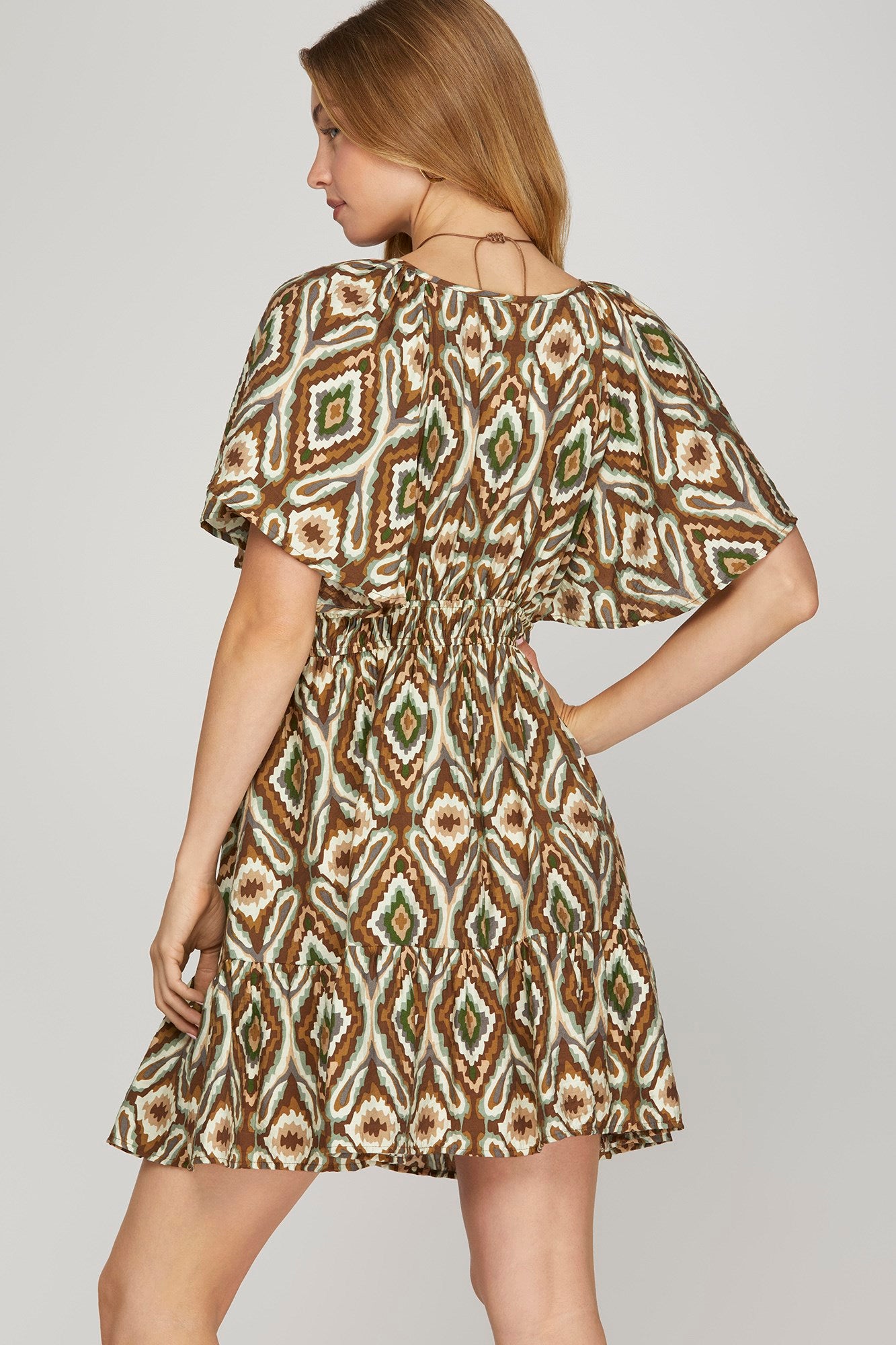 FLUTTER SLEEVE WOVEN PRINT MINI DRESS WITH ELASTIC WAIST BAND