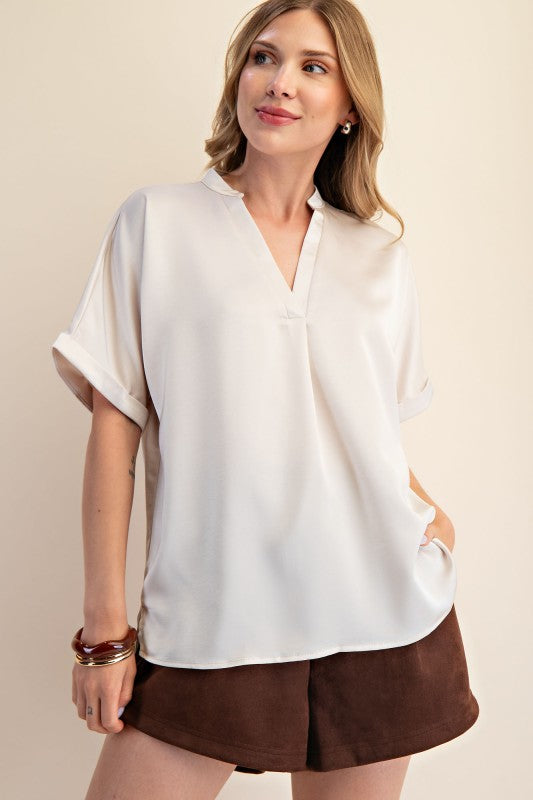 V-neck Placket Cuffs Sleeve Top