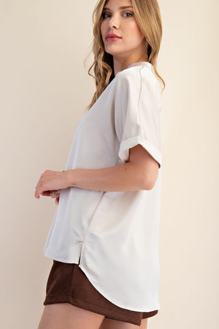 V-neck Placket Cuffs Sleeve Top