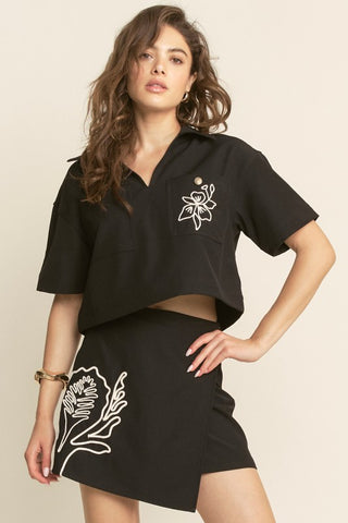 Thread Embroidery Pullover Top And Skirt Set
