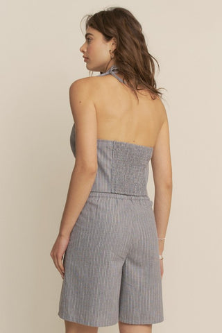 Halter Neck Tie Striped Top & Midi Shorts Set