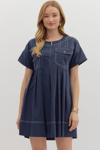 Solid short sleeve pleated mini dress