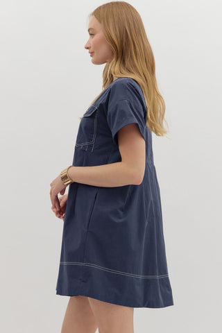 Solid short sleeve pleated mini dress