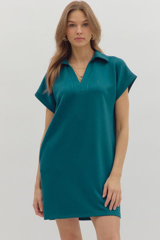 Solid spread collar V-neck pullover mini dress.