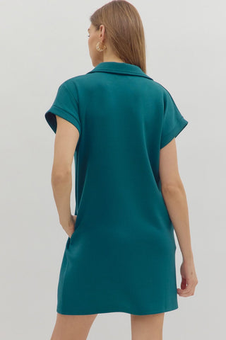 Solid spread collar V-neck pullover mini dress.