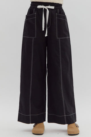 Solid high-waist drawstring elasticated waistband pull-on wide-leg pant