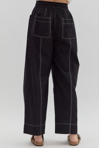 Solid high-waist drawstring elasticated waistband pull-on wide-leg pant