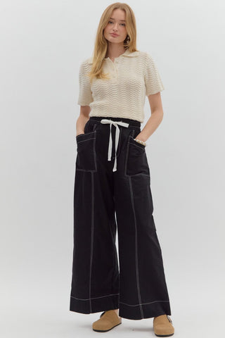 Solid high-waist drawstring elasticated waistband pull-on wide-leg pant
