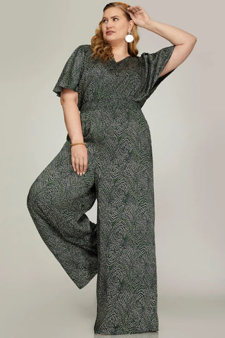 FLOUNCE SLEEVE WAIST SMOCK WIDE LEG PRINTED WOVEN JUMPSUIT WITH SIDE POCKETS