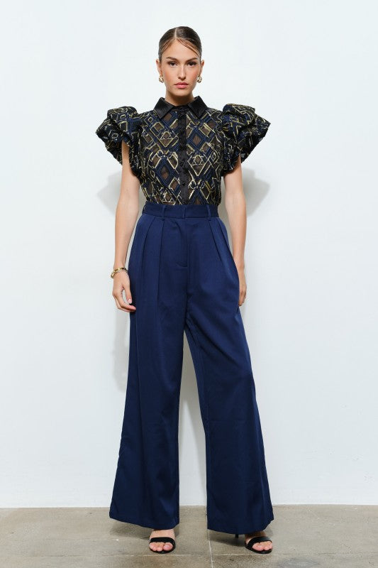 High Waist Pleated Front Wide-leg Pants