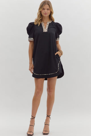Solid pleated short puff sleeve mini dress