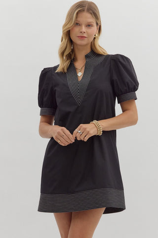 Solid cuff band short puff sleeve pullover mini dress