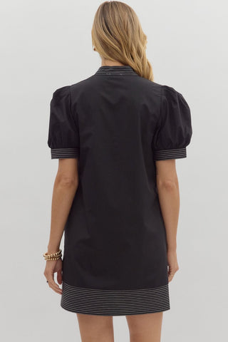 Solid cuff band short puff sleeve pullover mini dress
