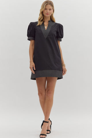 Solid cuff band short puff sleeve pullover mini dress
