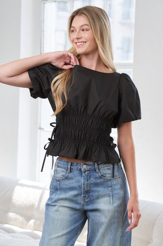 Black Elsie Smocked Puff Top