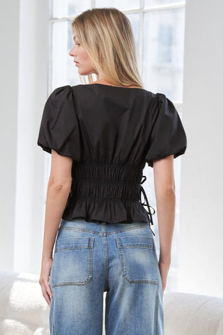 Black Elsie Smocked Puff Top