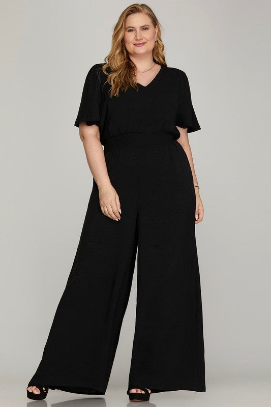 PLUS - FLOUNCE SLEEVE WAIST SMOCK WIDE LEG WOVEN JUMPSUIT WITH SIDE POCKETS