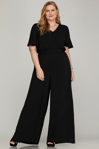 PLUS - FLOUNCE SLEEVE WAIST SMOCK WIDE LEG WOVEN JUMPSUIT WITH SIDE POCKETS