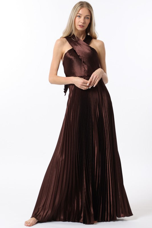 Sleeveless Tie Back Chest Pleat Maxi Dress