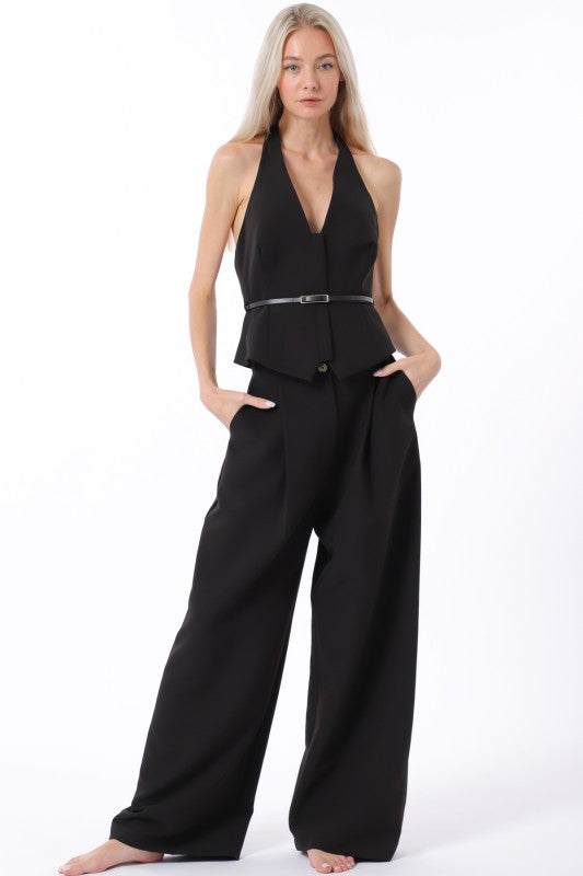 Halter Zip Belted Top & Long Pants Set