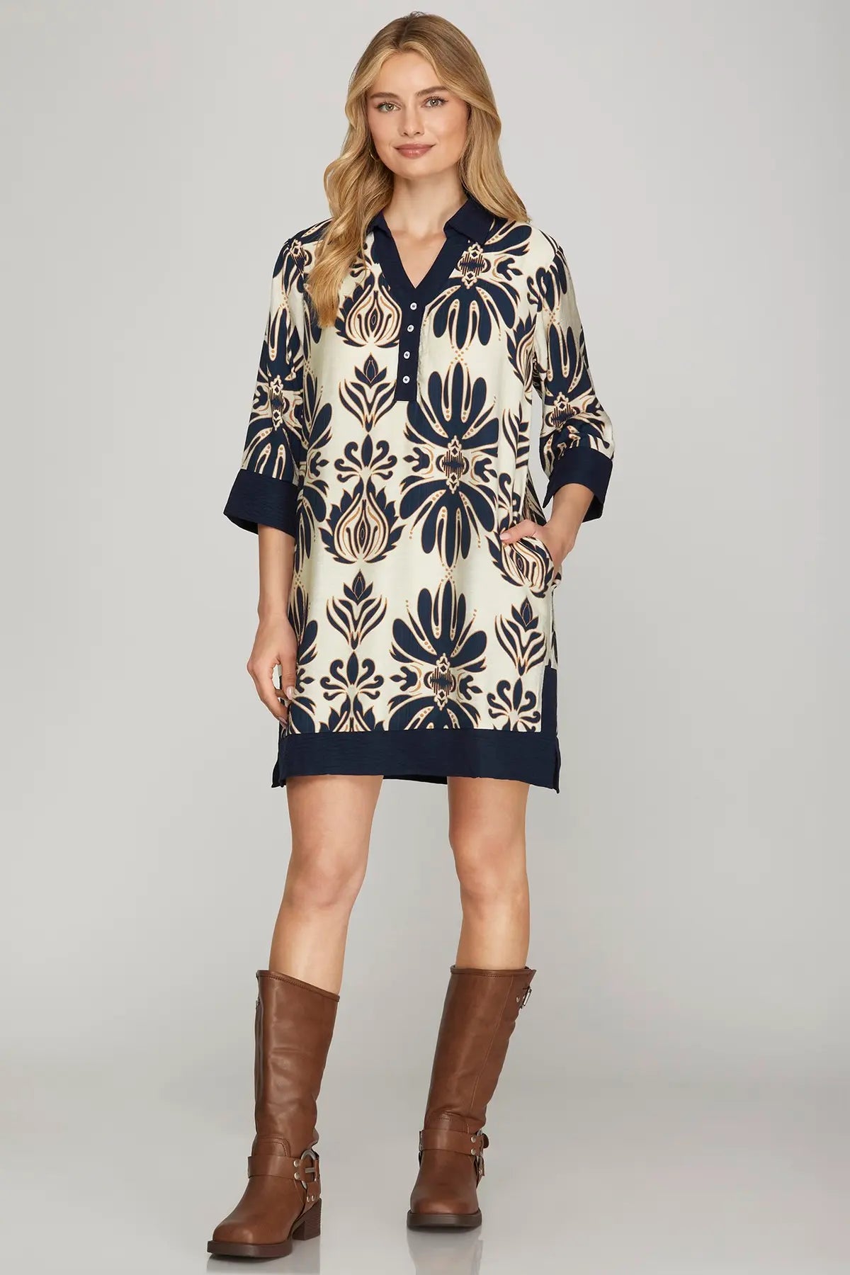 Half Sleeve Printed Mini Dress With Pockets