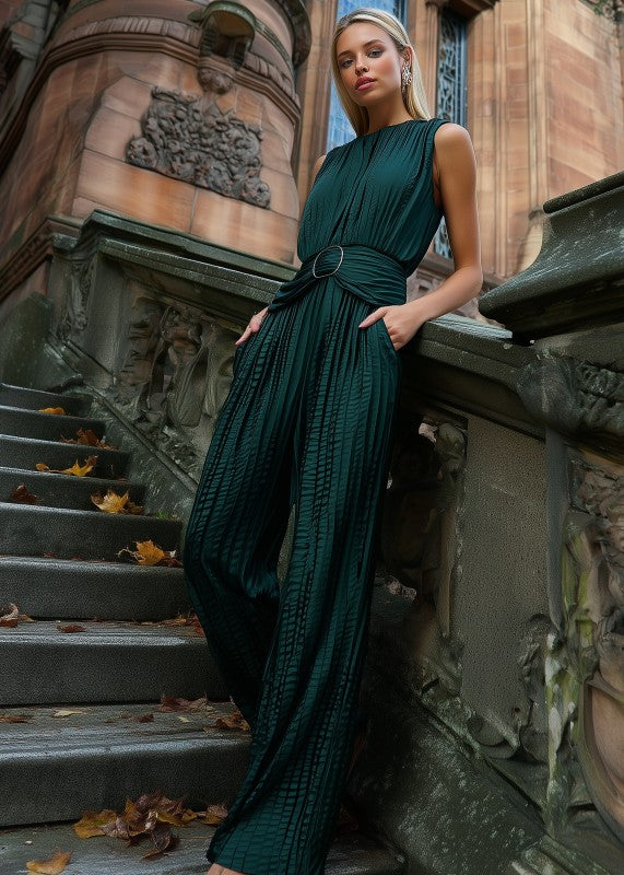 Sleeveless Cf Buckle Waisted Pleated Jumpsuit