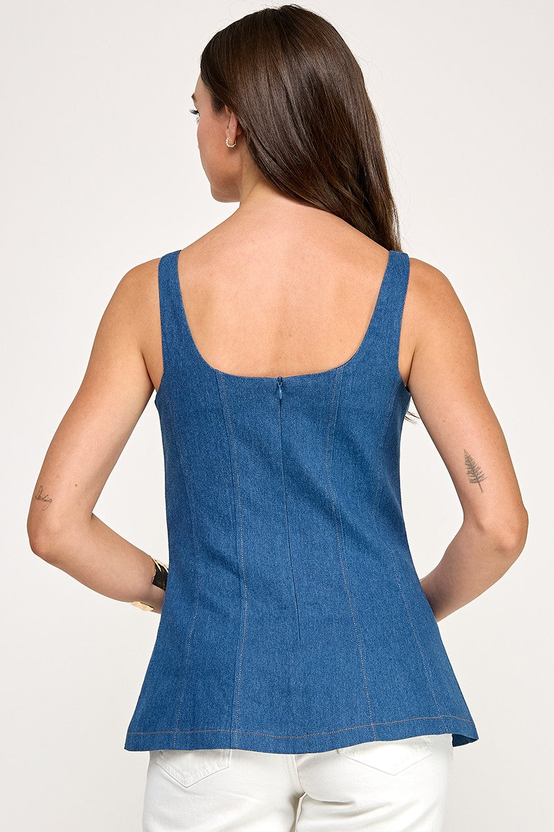 Metal Button Detail Square Neck Denim Top