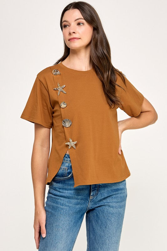 Metal Button Detail R Neck T Shirt