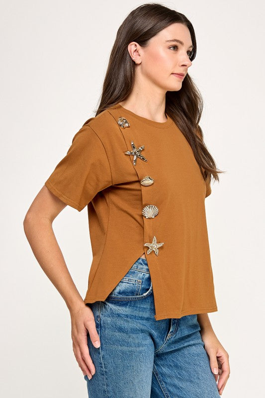 Metal Button Detail R Neck T Shirt