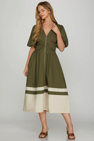 BUBBLE SLEEVE FRONT ZIP COLOR BLOCK MIDI DRESS