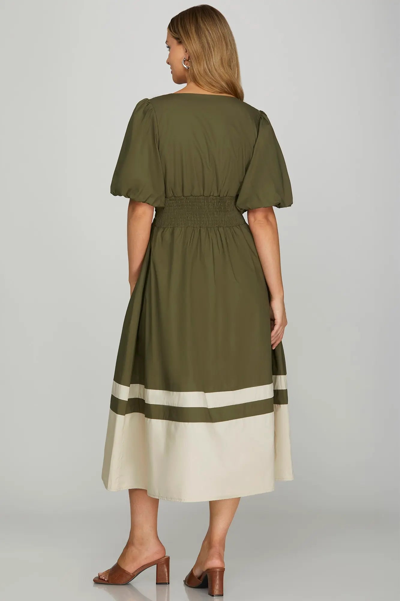 BUBBLE SLEEVE FRONT ZIP COLOR BLOCK MIDI DRESS