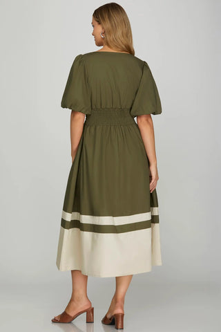 BUBBLE SLEEVE FRONT ZIP COLOR BLOCK MIDI DRESS
