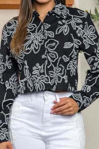 Cotton Eyelet Long Sleeve Crop Blouse