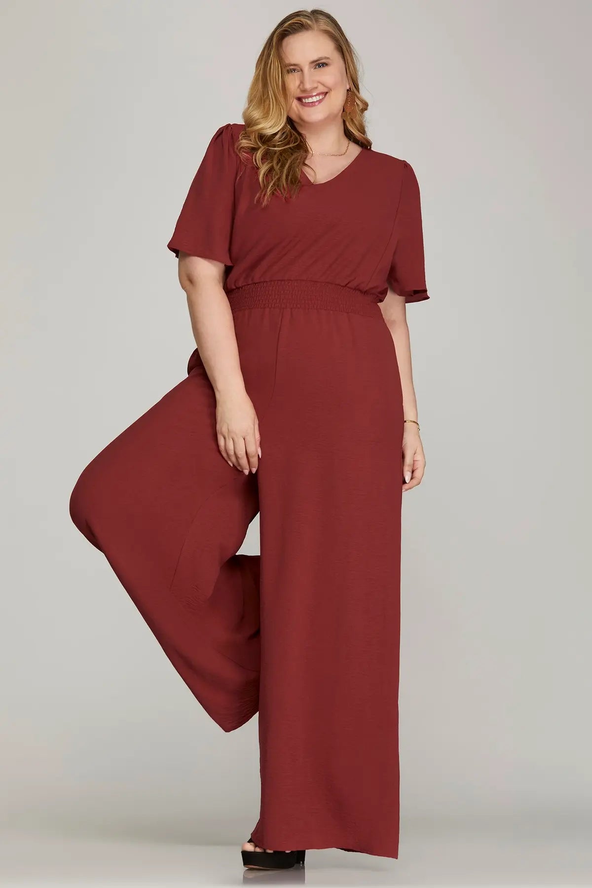 PLUS - FLOUNCE SLEEVE WAIST SMOCK WIDE LEG WOVEN JUMPSUIT WITH SIDE POCKETS