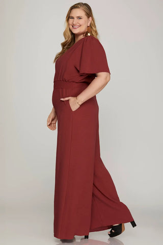 PLUS - FLOUNCE SLEEVE WAIST SMOCK WIDE LEG WOVEN JUMPSUIT WITH SIDE POCKETS