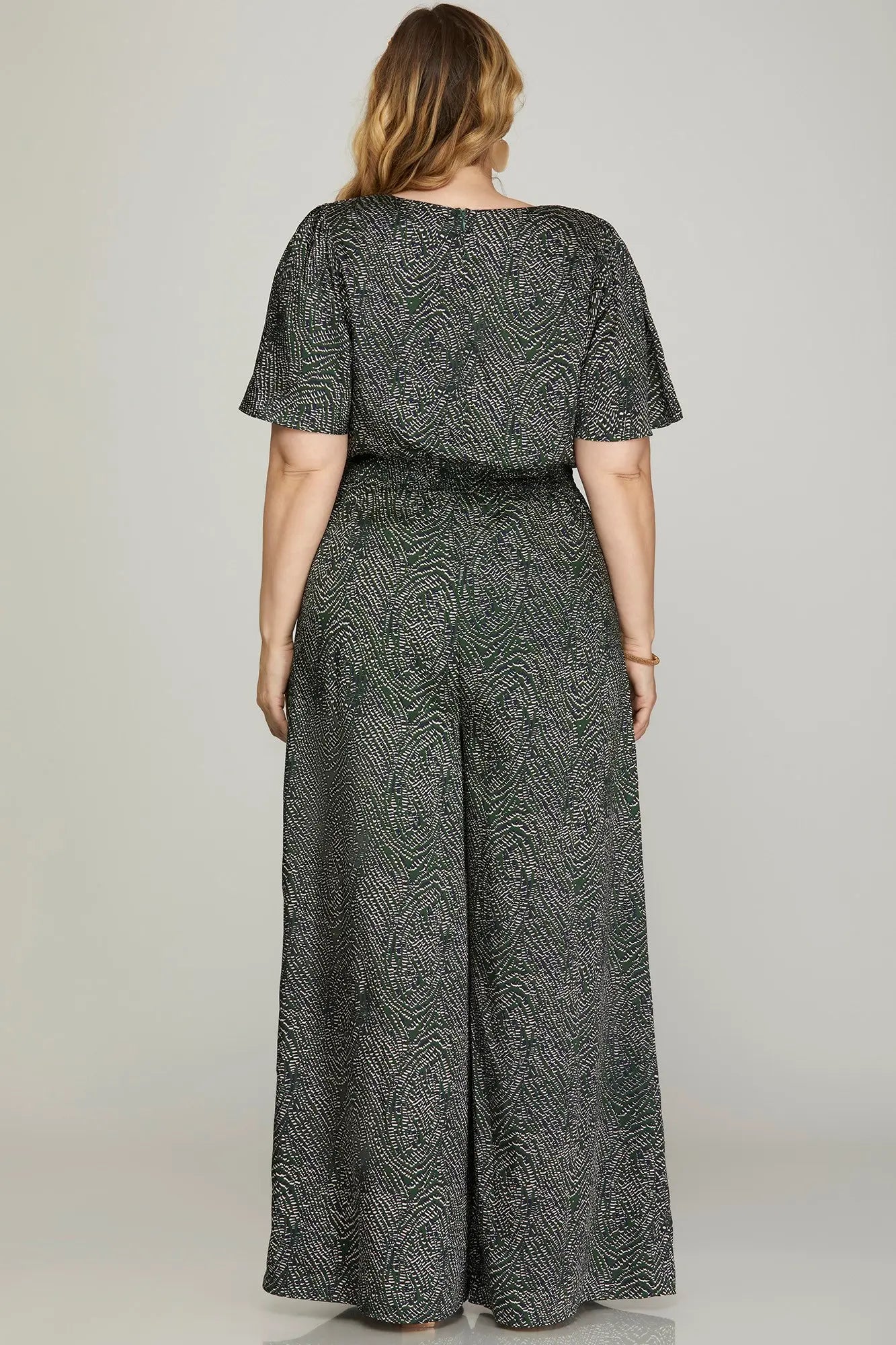 FLOUNCE SLEEVE WAIST SMOCK WIDE LEG PRINTED WOVEN JUMPSUIT WITH SIDE POCKETS