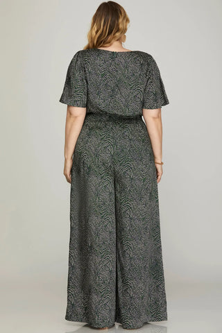 FLOUNCE SLEEVE WAIST SMOCK WIDE LEG PRINTED WOVEN JUMPSUIT WITH SIDE POCKETS