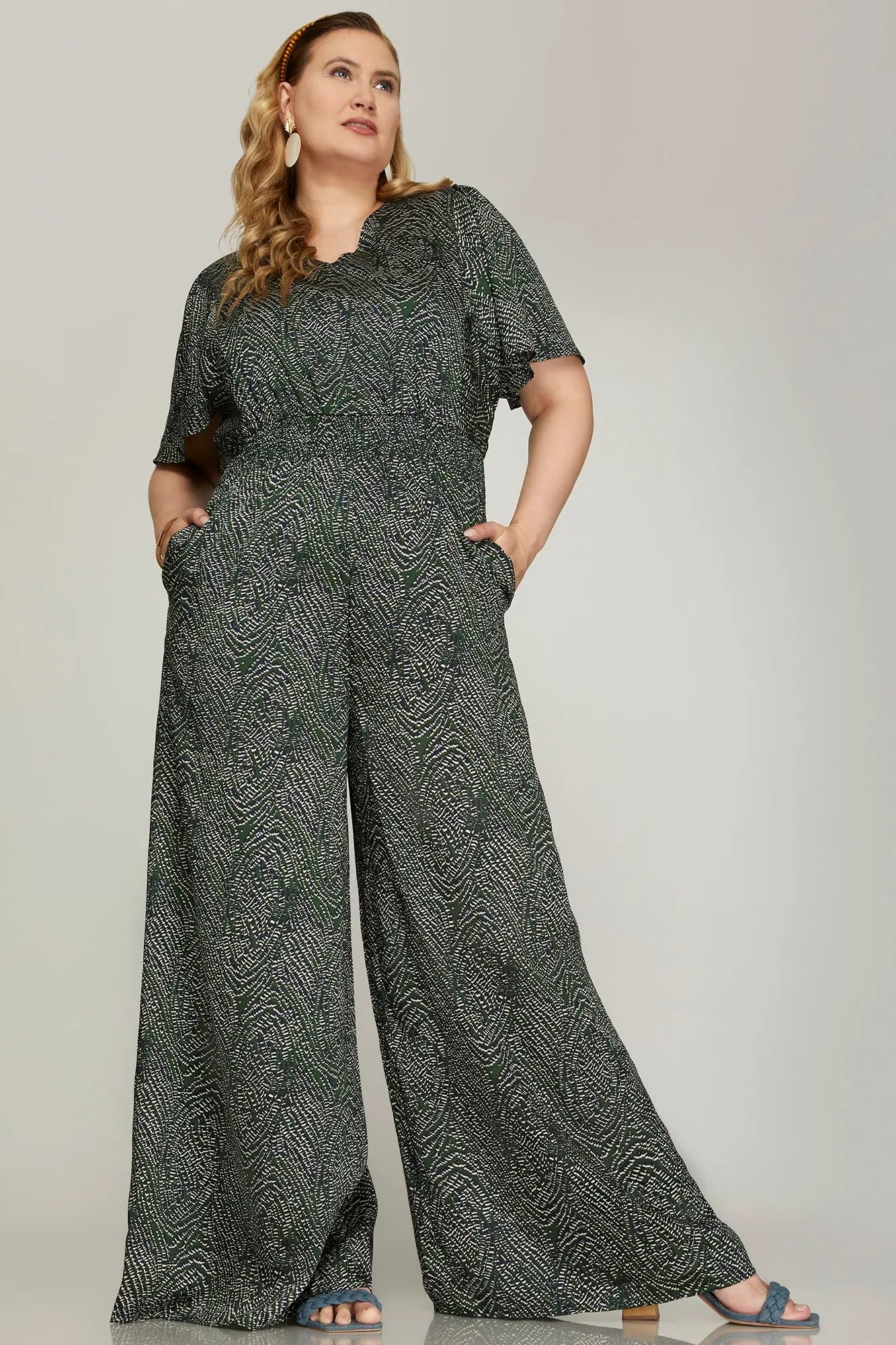 FLOUNCE SLEEVE WAIST SMOCK WIDE LEG PRINTED WOVEN JUMPSUIT WITH SIDE POCKETS
