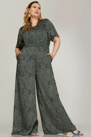 FLOUNCE SLEEVE WAIST SMOCK WIDE LEG PRINTED WOVEN JUMPSUIT WITH SIDE POCKETS